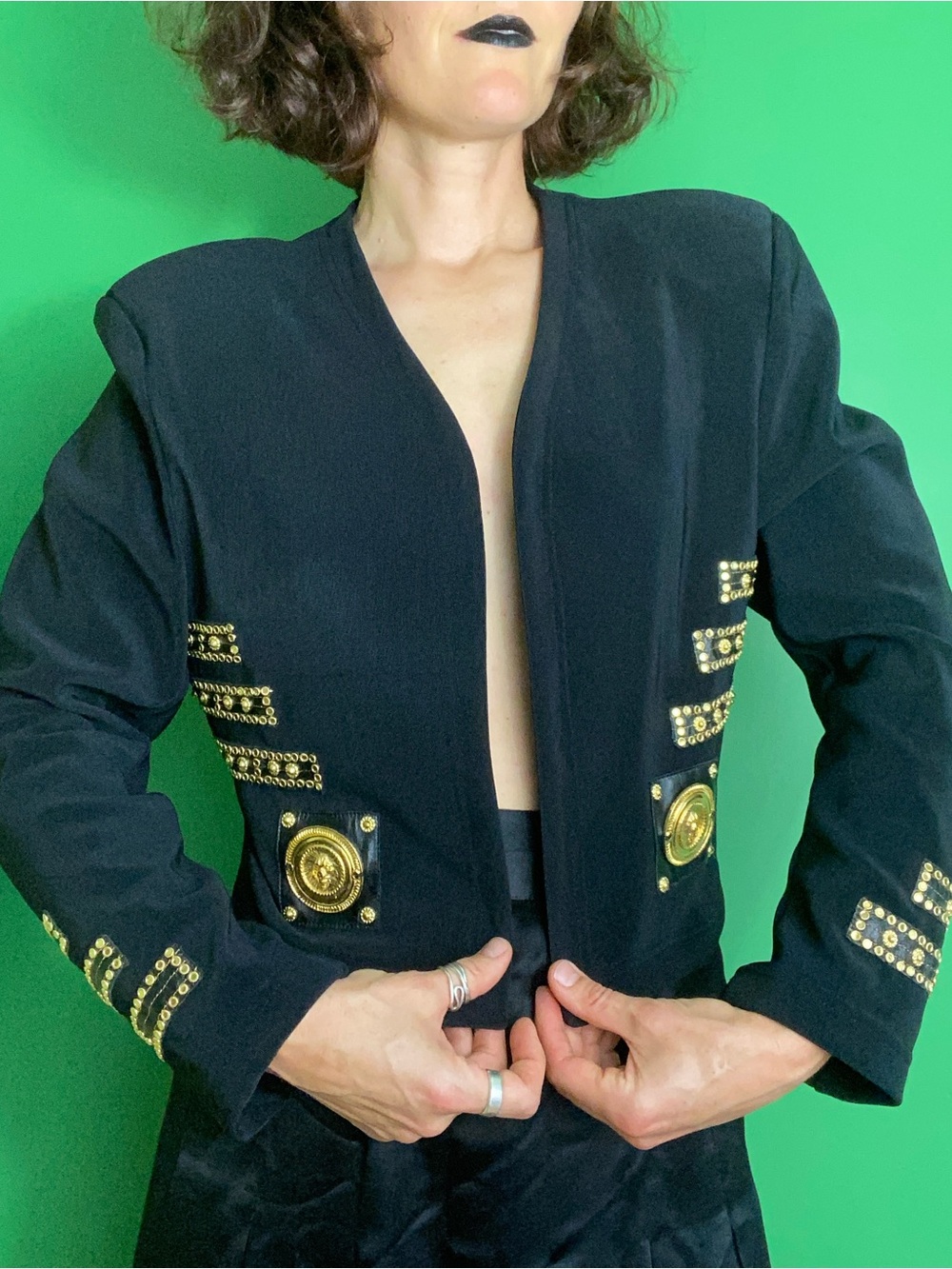 Vintage 90s Cache Black leather gold hardware lion head Embellished Jacket